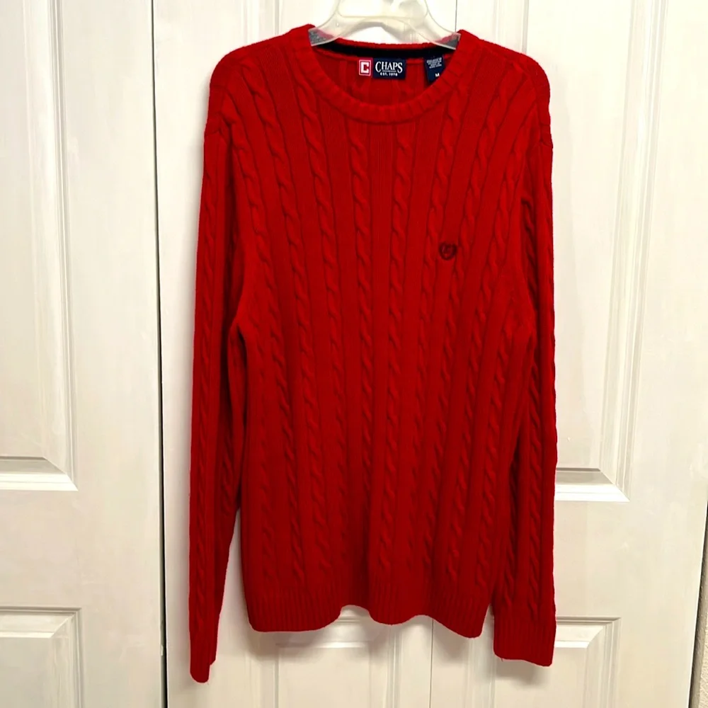 Chaps Red Logo Cable Knit Cotton Pull Over Sweater Size M